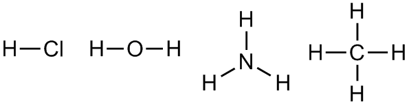 strukturnyie formuly molekul hlorovodoroda vody ammiaka metana.png